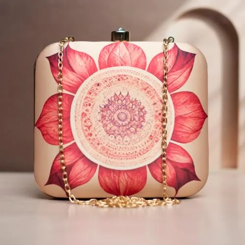 Artklim Biege And Red Flower Printed Clutch