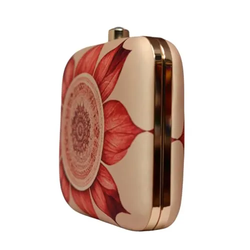 Artklim Biege And Red Flower Printed Clutch