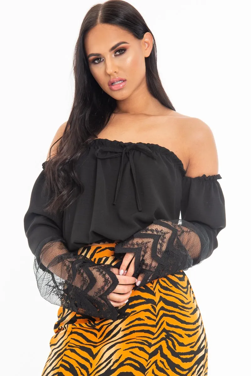 Black Bardot Mesh Lace Sleeve Tie Front Top - Mandy