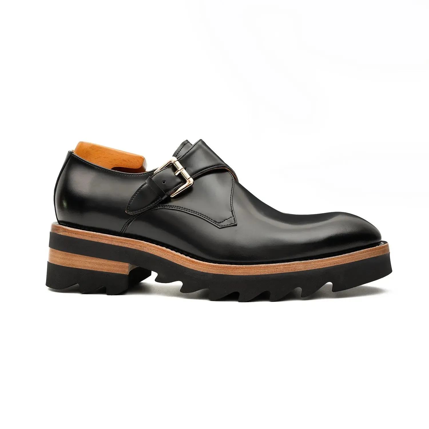 Black Leather Monk Strap Shoes with Chunky Soles