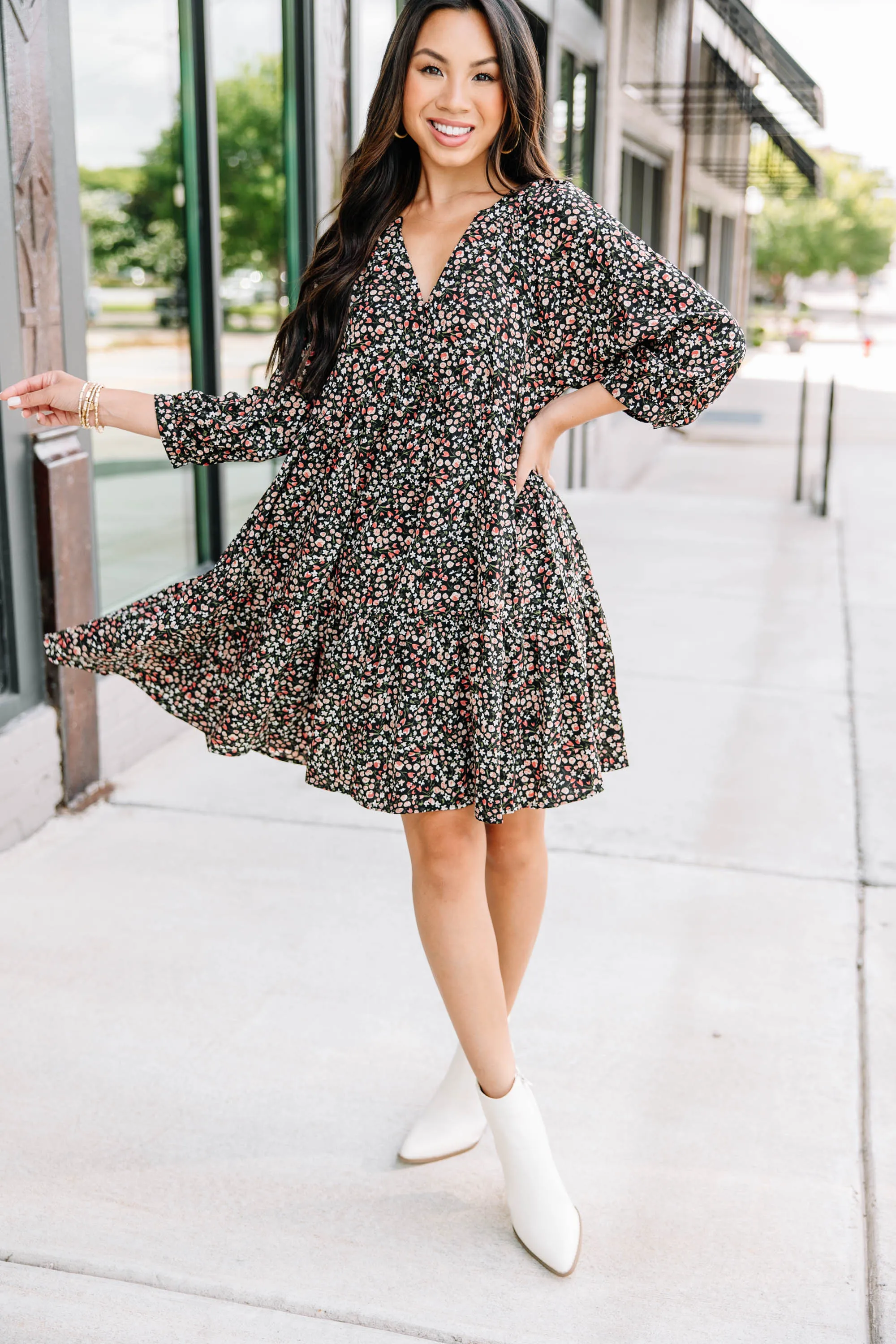 Can't Be Outdone Black Ditsy Floral Dress