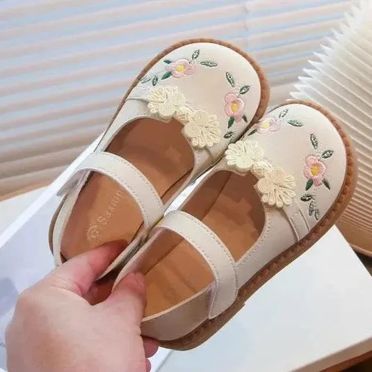 Children's Casual Shoes - Girls' Leather Flat with Flowers - TSS218