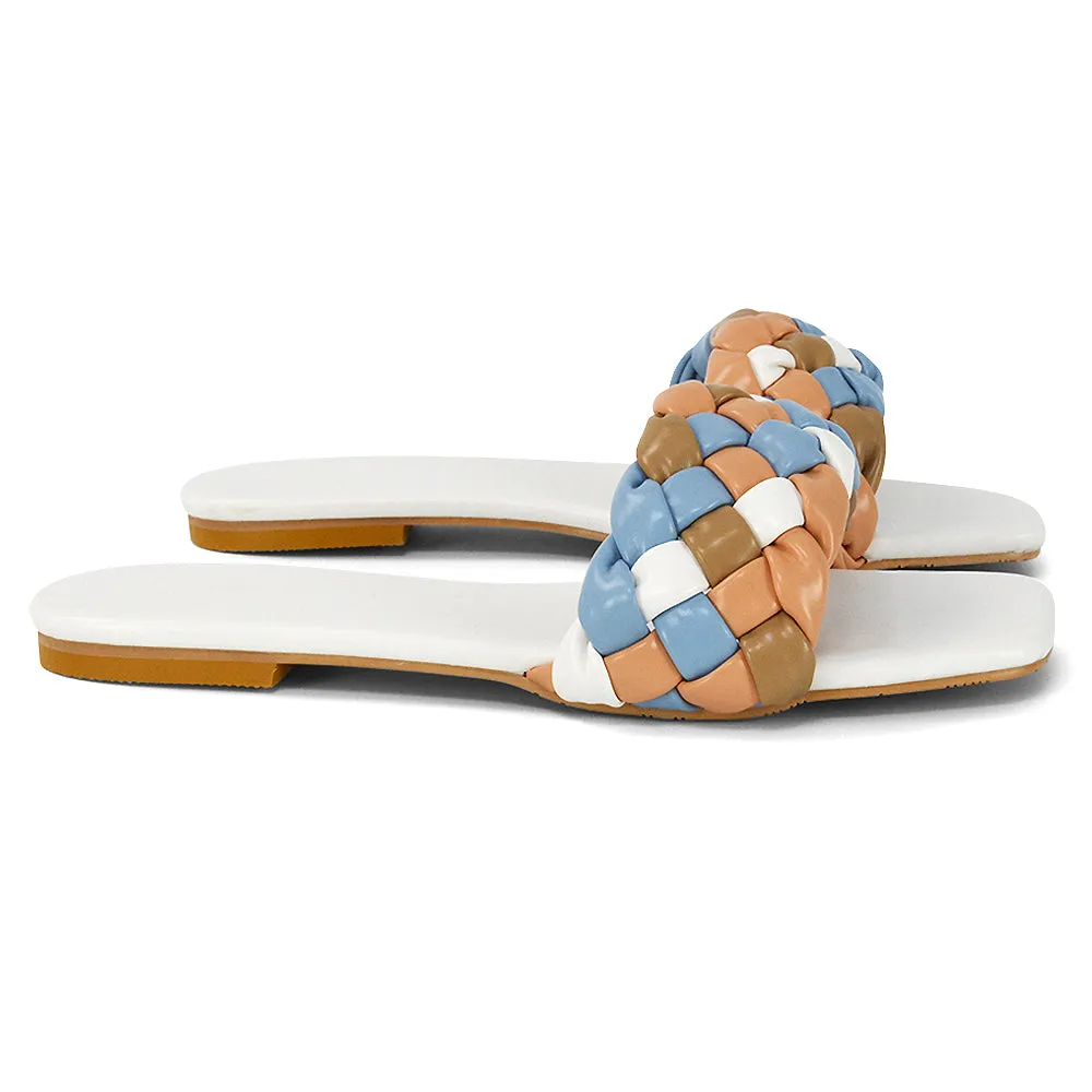 DARCIE WOVEN STRAP SQUARE TOE FLAT SLIDER SANDAL IN BLUE MULTI SYNTHETIC LEATHER