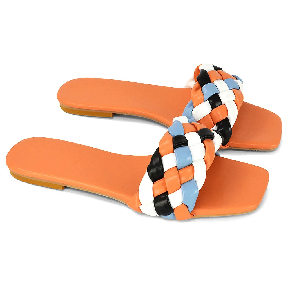 DARCIE WOVEN STRAP SQUARE TOE FLAT SLIDER SANDAL IN BLUE MULTI SYNTHETIC LEATHER