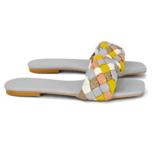 DARCIE WOVEN STRAP SQUARE TOE FLAT SLIDER SANDAL IN BLUE MULTI SYNTHETIC LEATHER