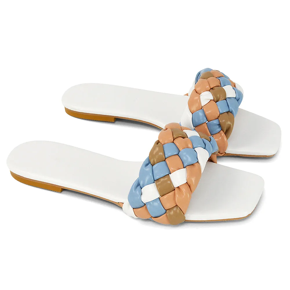 DARCIE WOVEN STRAP SQUARE TOE FLAT SLIDER SANDAL IN BLUE MULTI SYNTHETIC LEATHER