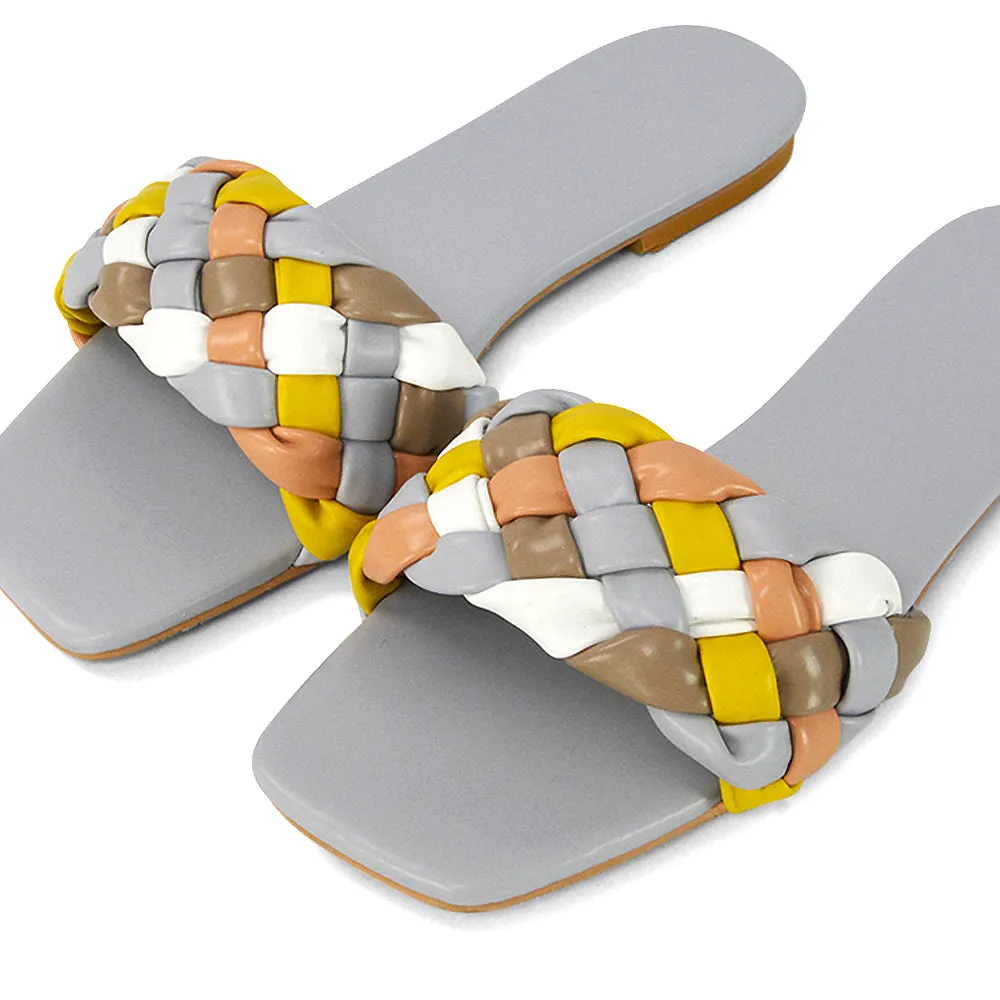 DARCIE WOVEN STRAP SQUARE TOE FLAT SLIDER SANDAL IN BLUE MULTI SYNTHETIC LEATHER