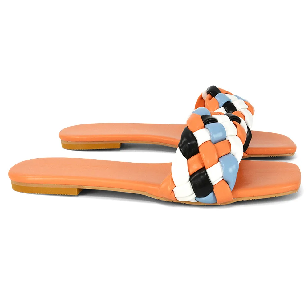 DARCIE WOVEN STRAP SQUARE TOE FLAT SLIDER SANDAL IN BLUE MULTI SYNTHETIC LEATHER