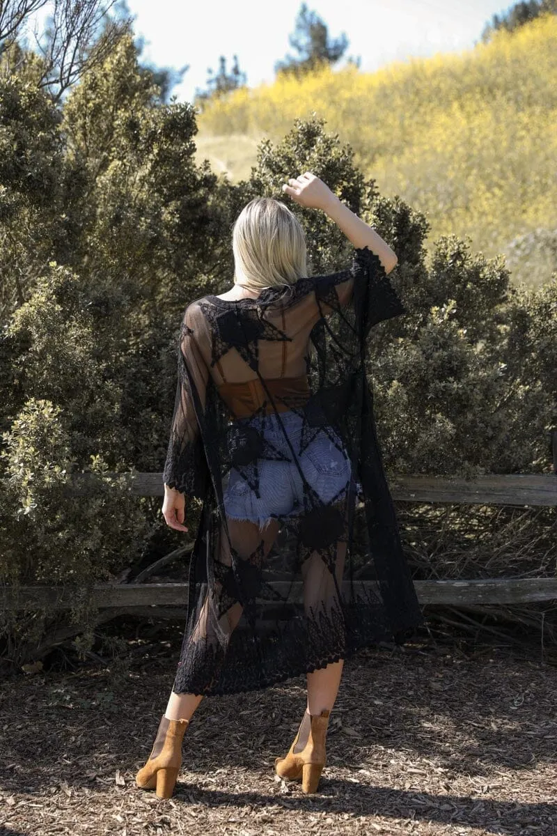 Embroidered Geometric Mesh Kimono