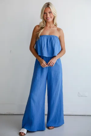 FINAL SALE - Celebrate In Style Blue Linen Strapless Jumpsuit