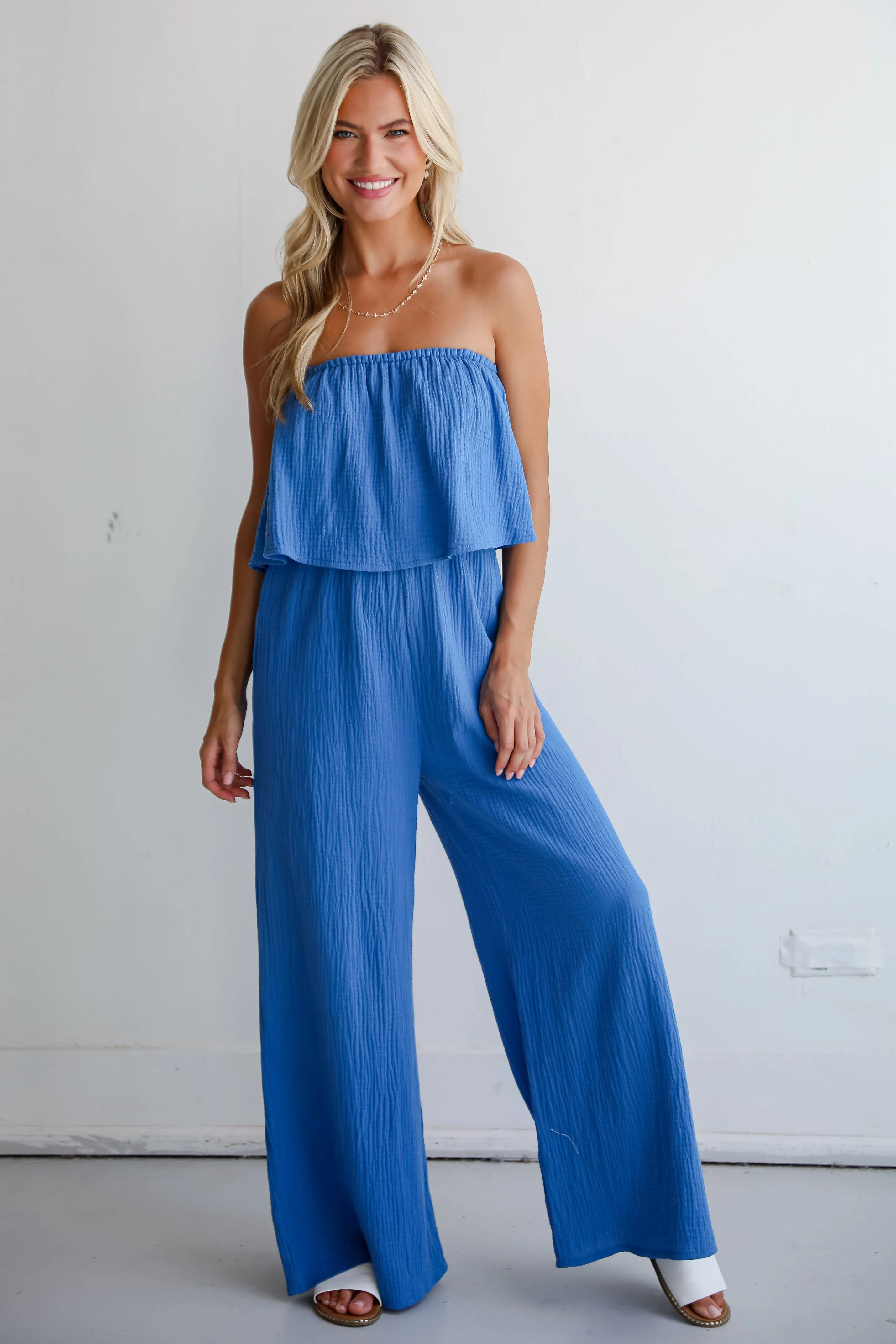 FINAL SALE - Celebrate In Style Blue Linen Strapless Jumpsuit