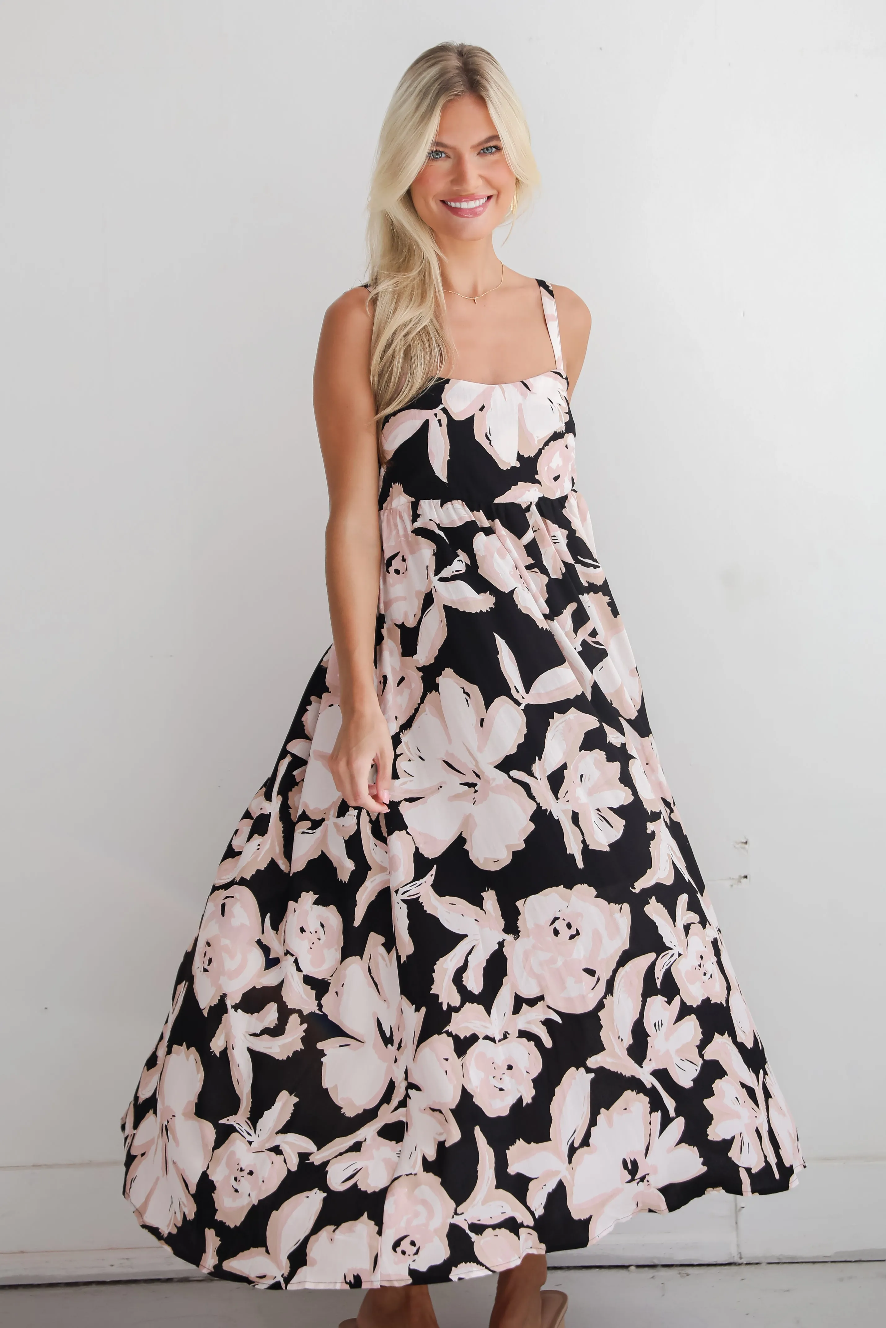 FINAL SALE - Convincingly Sweet Black Floral Midi Dress