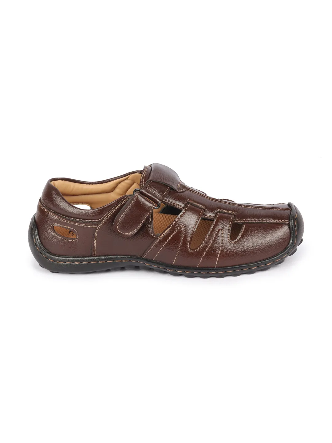 Men Brown Genuine Leather Laser Cut Design Comfort PU Pad Insole Hook and Loop Roman Sandals