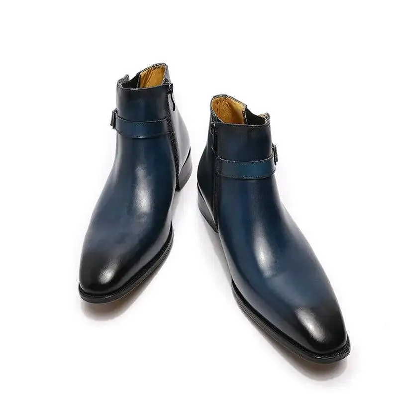 Men's Italian Leather Dress Boots With Zipper & Buckle