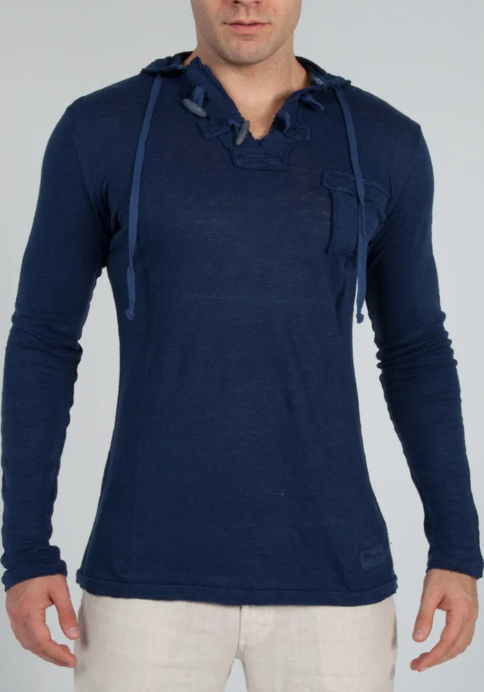 Men's Linen Jersey Long Sleeve Hoodie Shirt | Italian Style with Pocket and Wooden Fasteners, Item #1133