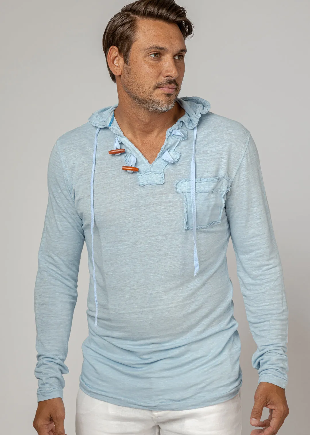 Men's Linen Jersey Long Sleeve Hoodie Shirt | Italian Style with Pocket and Wooden Fasteners, Item #1133