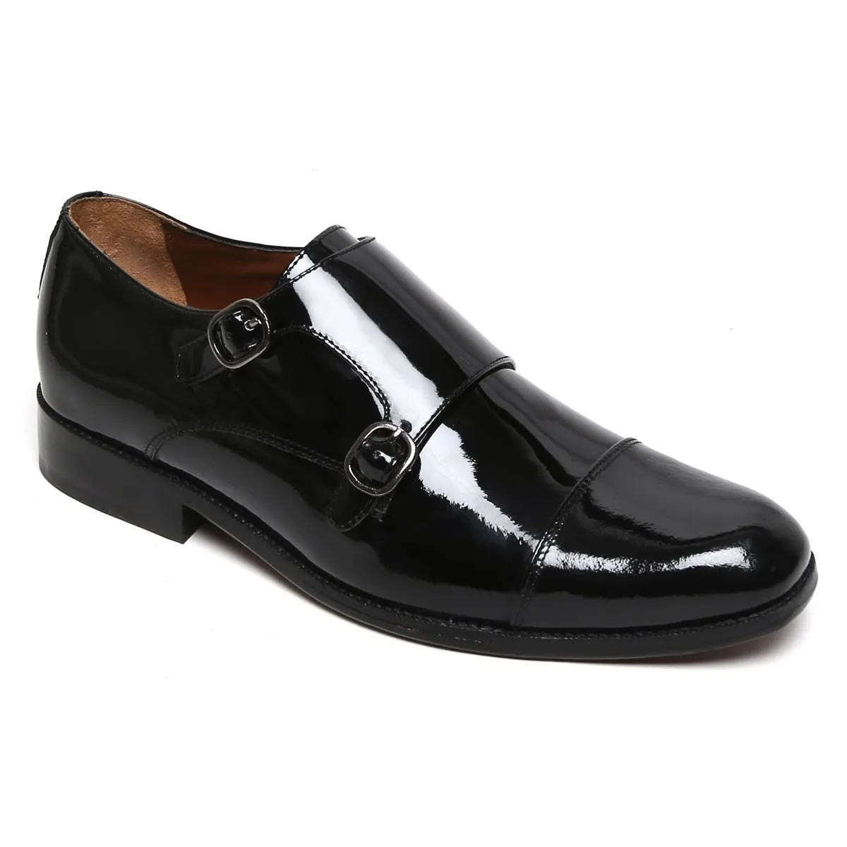 Patent Black Genuine Leather Cap Toe Double Monk Strap Formal Shoes By Brune & Bareskin