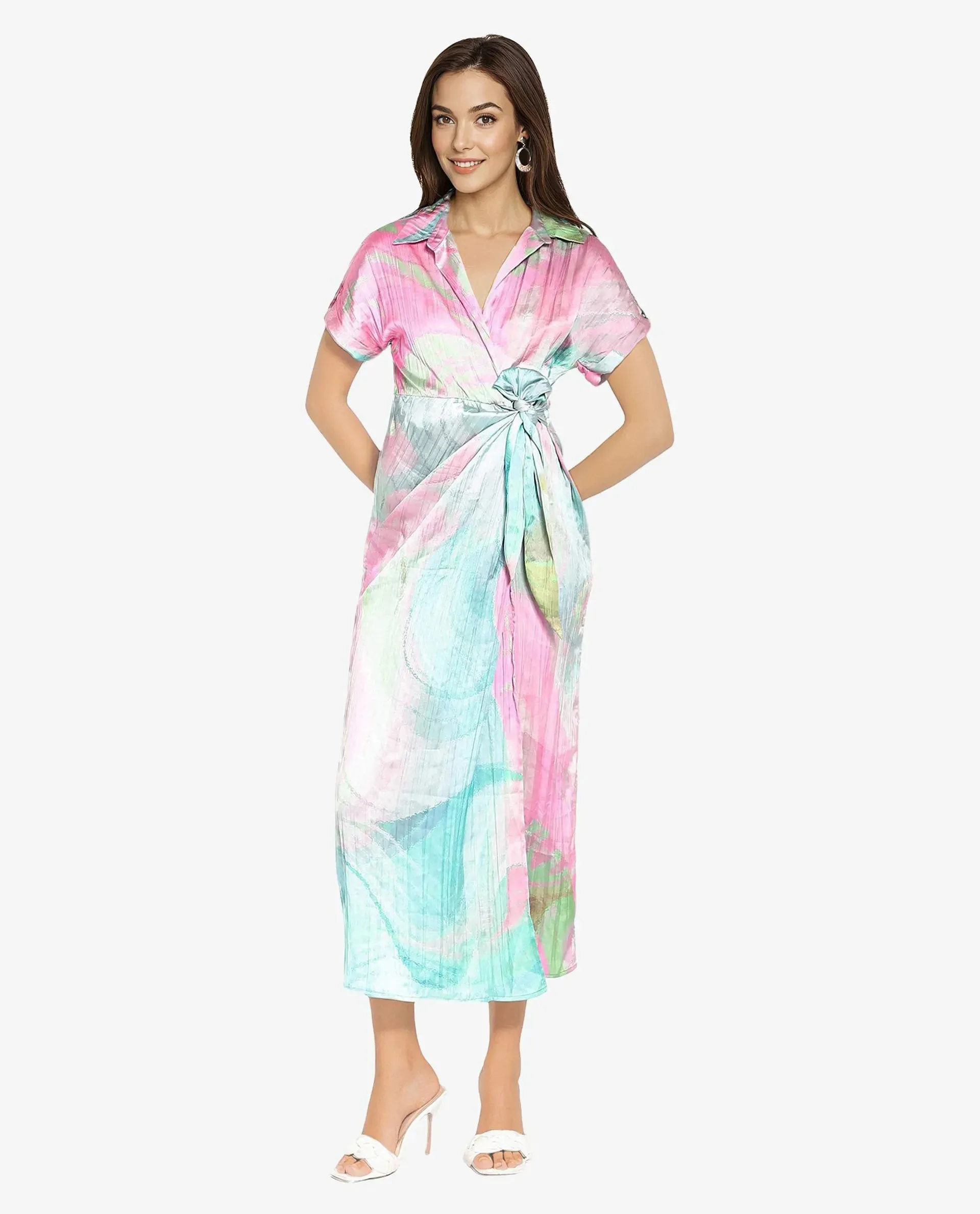 Rareism Women Chiapas Dusky Multi Extended Sleeves Collared Collar Tie Up Straight Fit Abstract Print Maxi Dress