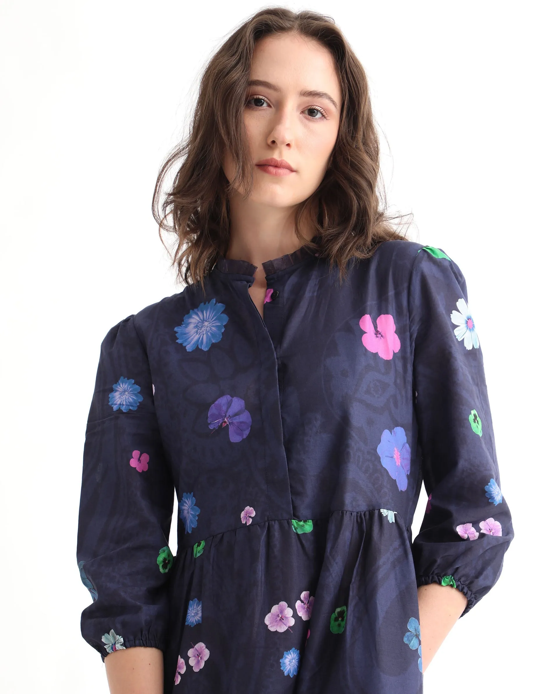 Rareism Women Ragen Navy Cotton Fabric Short Sleeves Button Closure High Neck Balloon Sleeve Regular Fit Floral Print Knee Length Tiered Dress