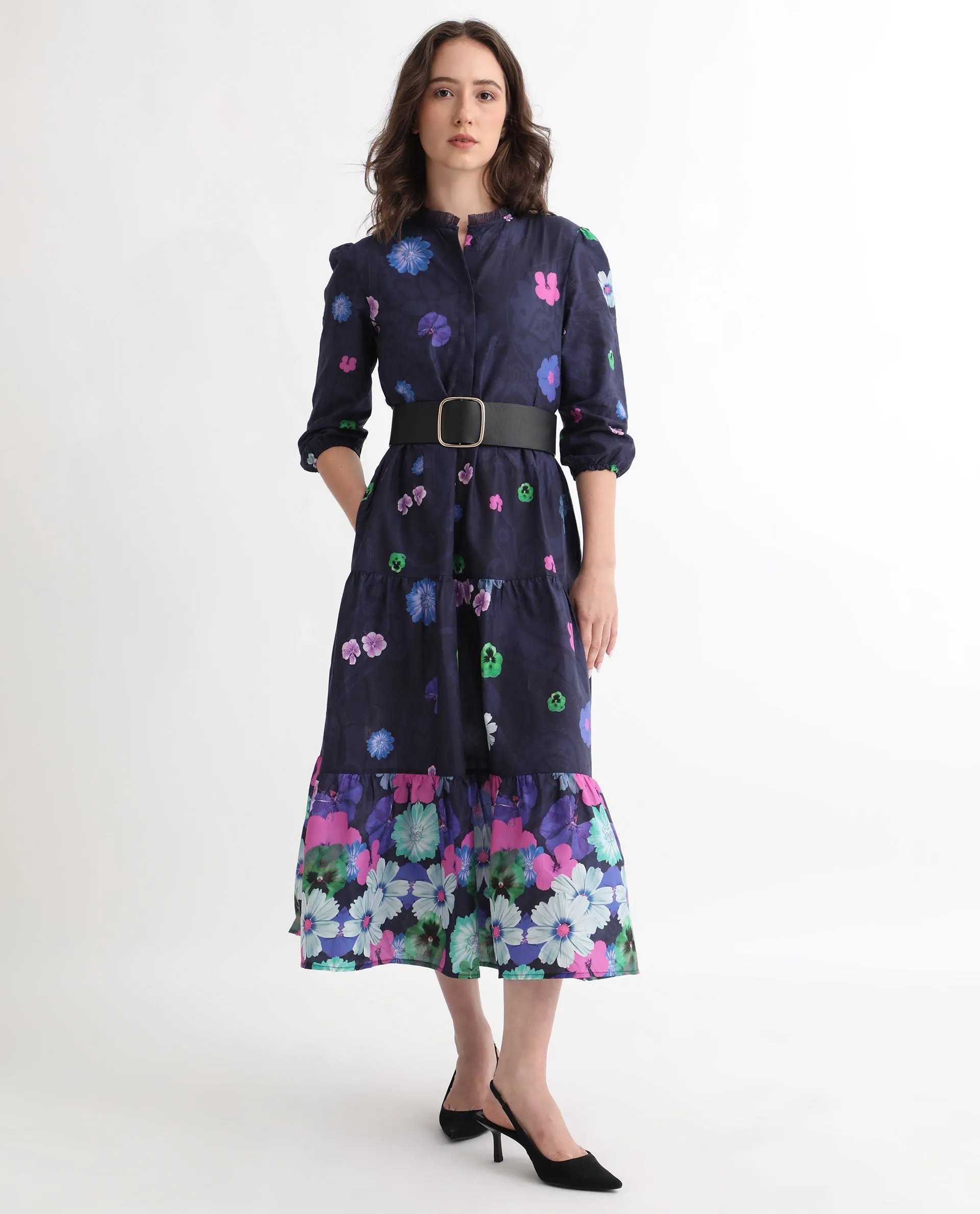 Rareism Women Ragen Navy Cotton Fabric Short Sleeves Button Closure High Neck Balloon Sleeve Regular Fit Floral Print Knee Length Tiered Dress