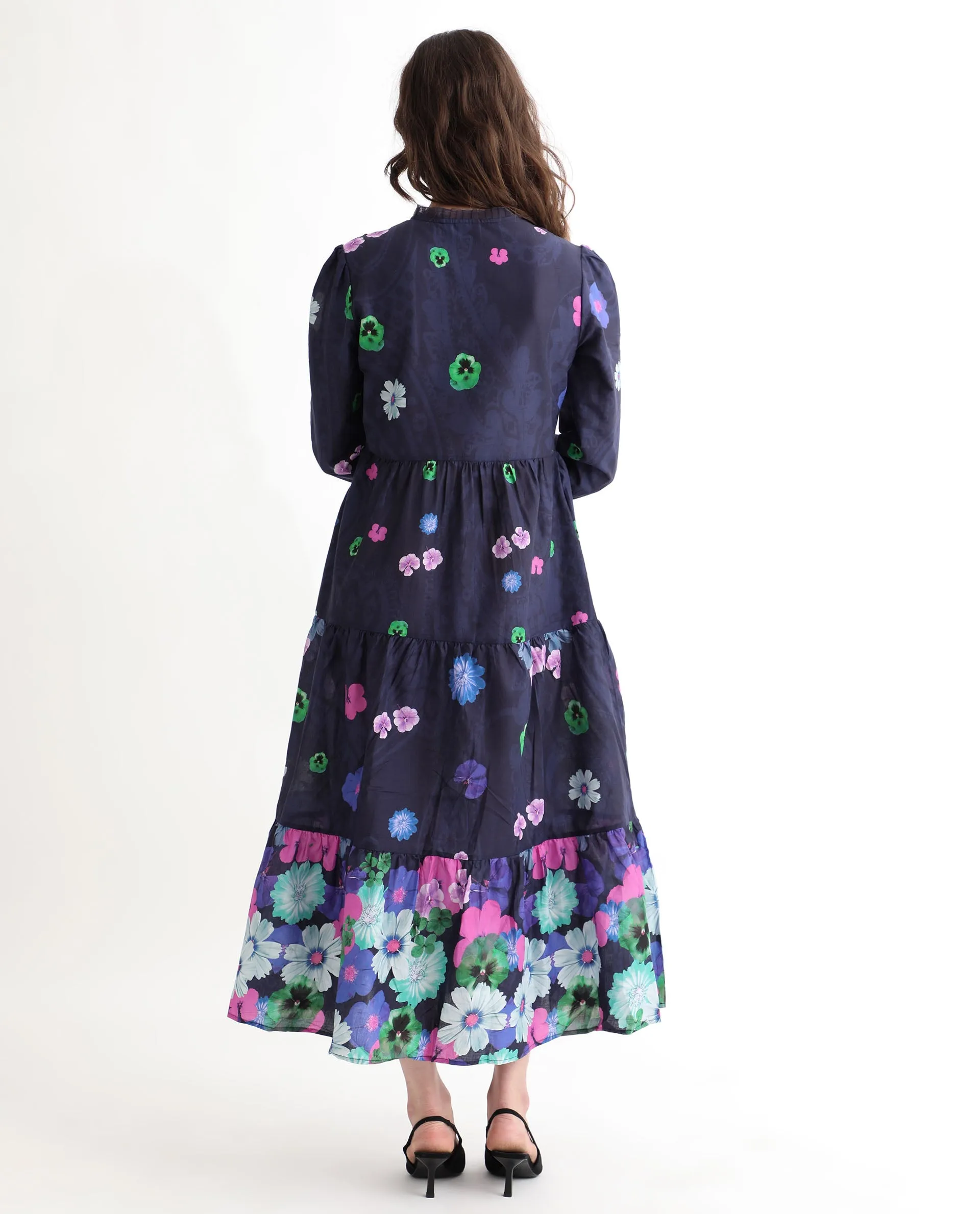 Rareism Women Ragen Navy Cotton Fabric Short Sleeves Button Closure High Neck Balloon Sleeve Regular Fit Floral Print Knee Length Tiered Dress