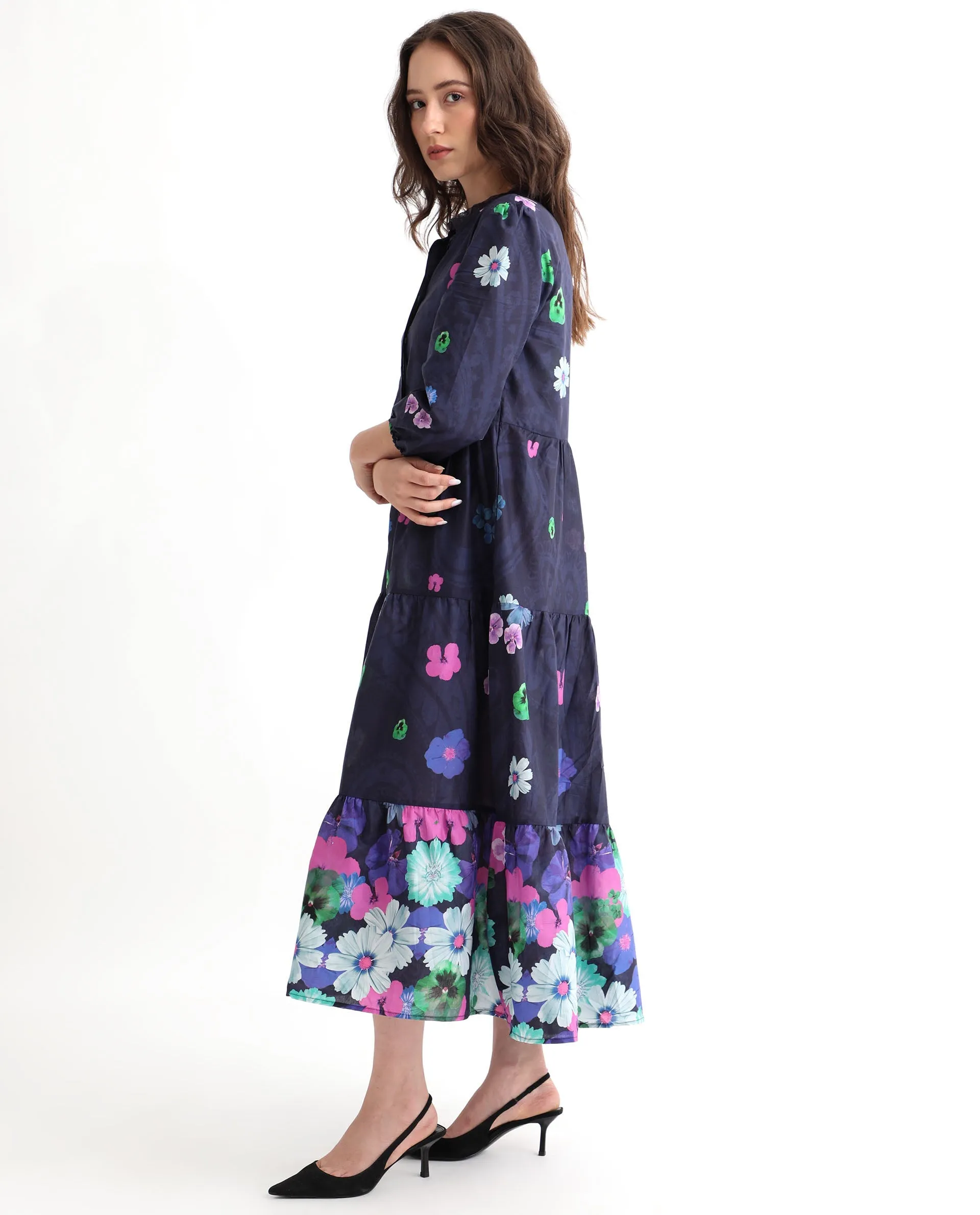 Rareism Women Ragen Navy Cotton Fabric Short Sleeves Button Closure High Neck Balloon Sleeve Regular Fit Floral Print Knee Length Tiered Dress