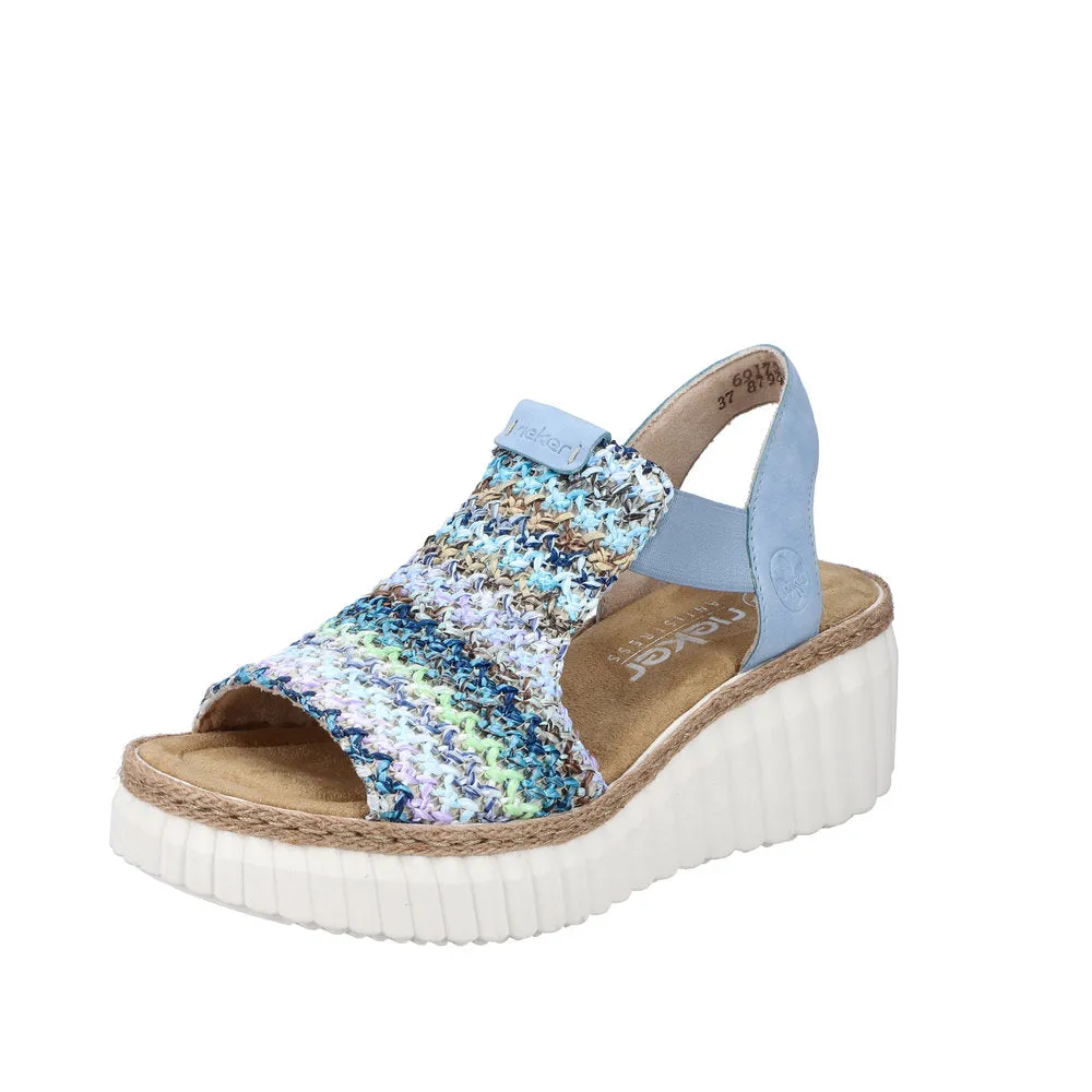 Rieker 69172-91 Ladies Light Blue Multi Textile Pull On Sandals