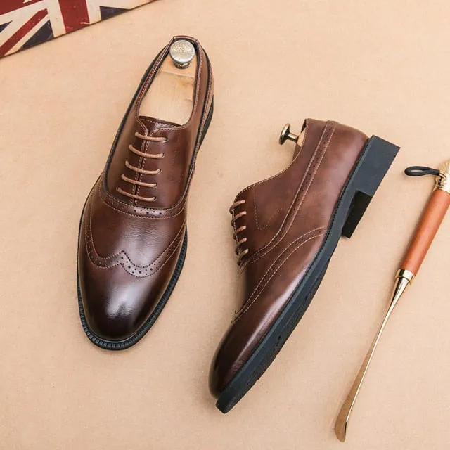 Solid Lace-Up Leather Brogue Shoes