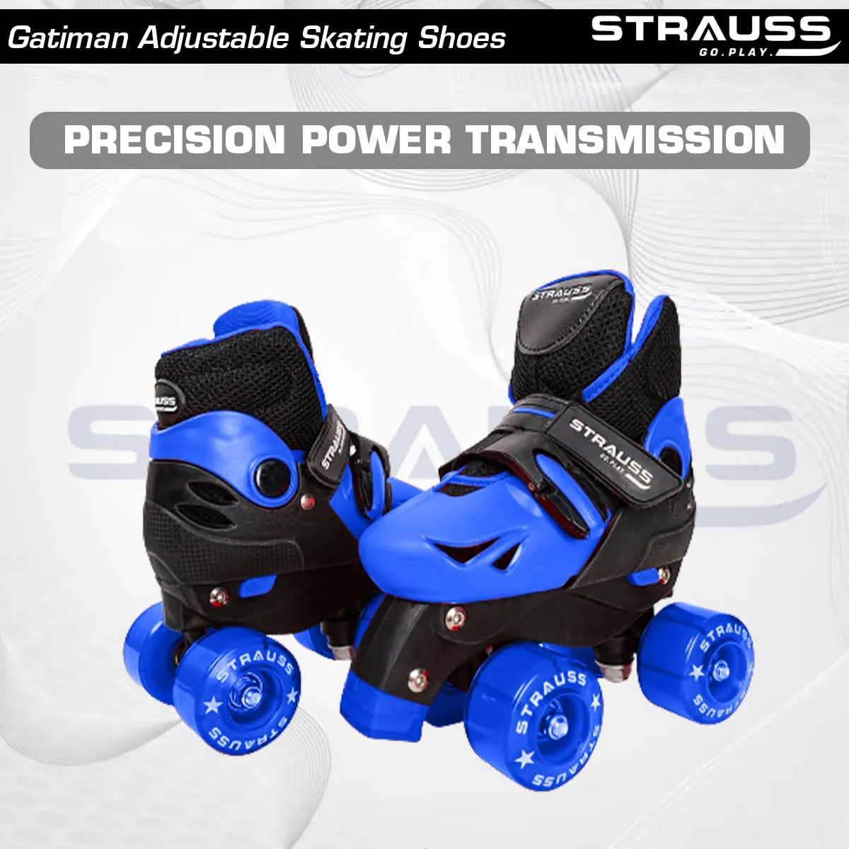 STRAUSS Gatiman Adjustable Skating Shoes | Latest Designed Roller Skates with Break | Ideal for Boys and Girls | Adjustable 4 Wheels Skating Shoe | Size: Junior (Black/Blue)