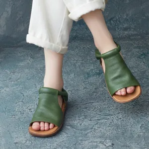 Summer Cowhide Handmade Velcro Open Toe Sandals Flat Shoes