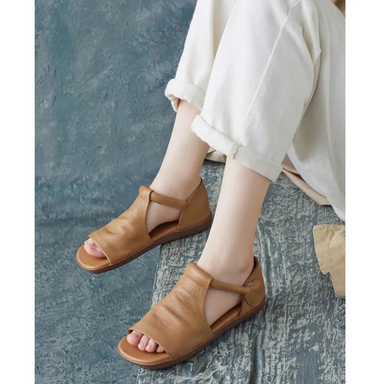 Summer Cowhide Handmade Velcro Open Toe Sandals Flat Shoes