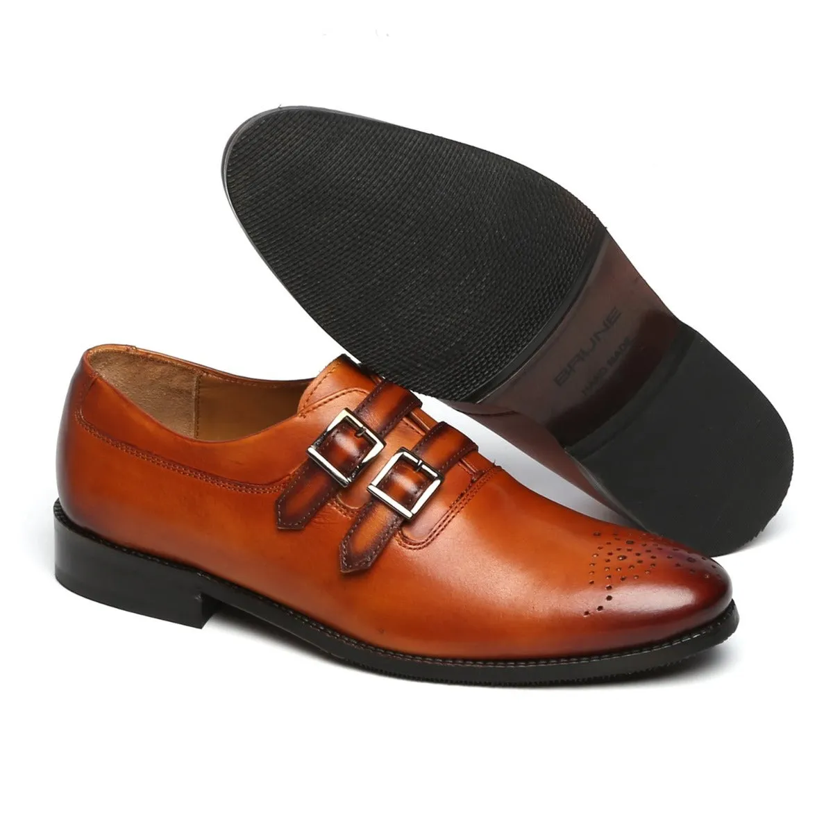 TAN PARALLEL DOUBLE MONK STRAPS LEATHER FORMAL SHOES BY BRUNE & BARESKIN