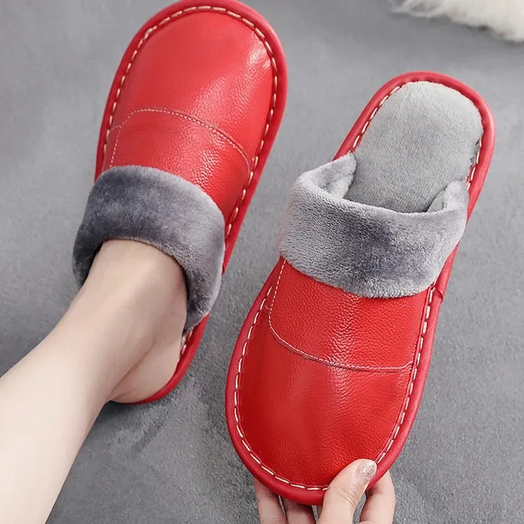 Winter genuine leather mens flip flops with custom logo leather slippers