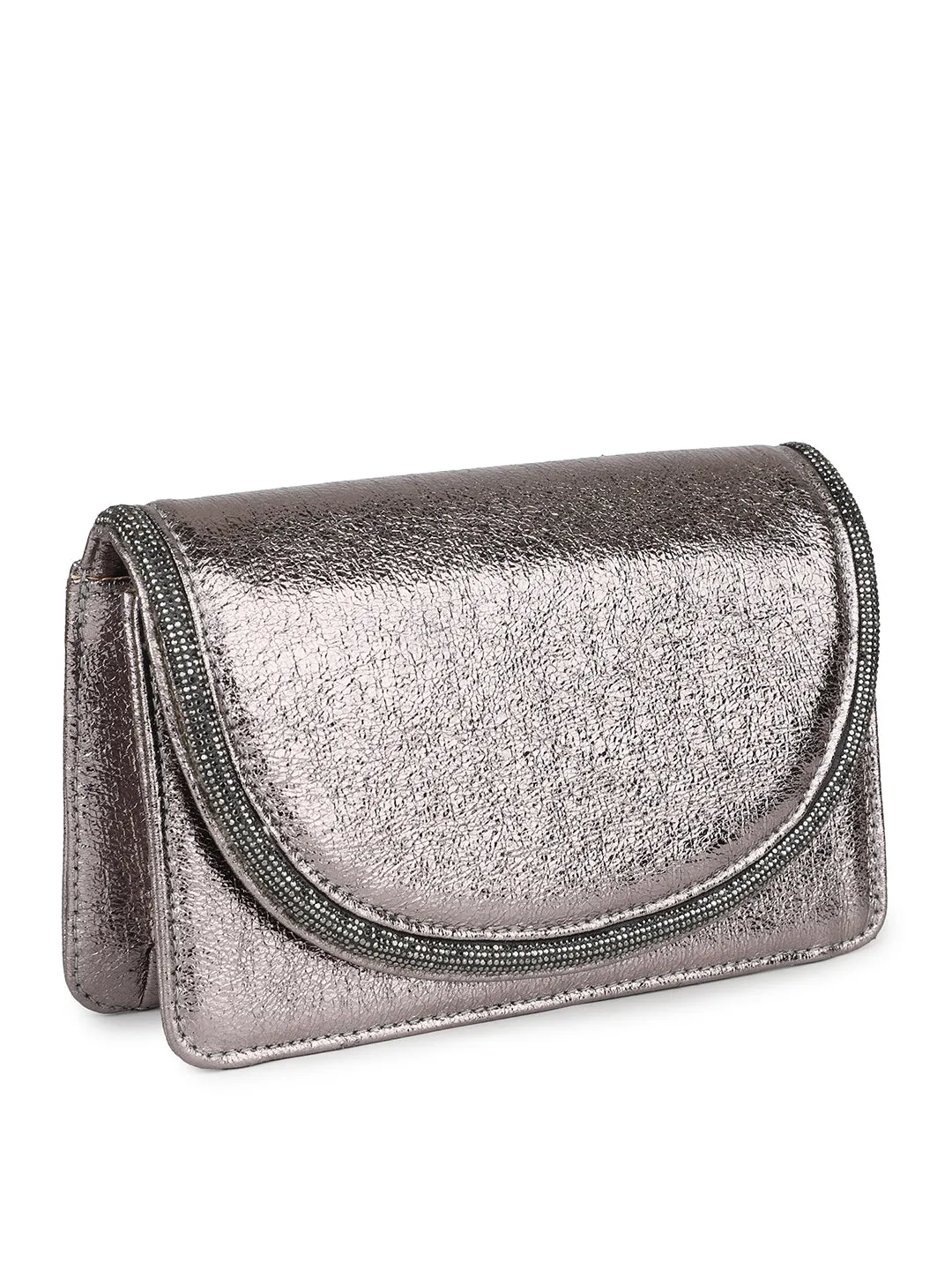 Women Pewter Toned Embellished Envelope Clutch