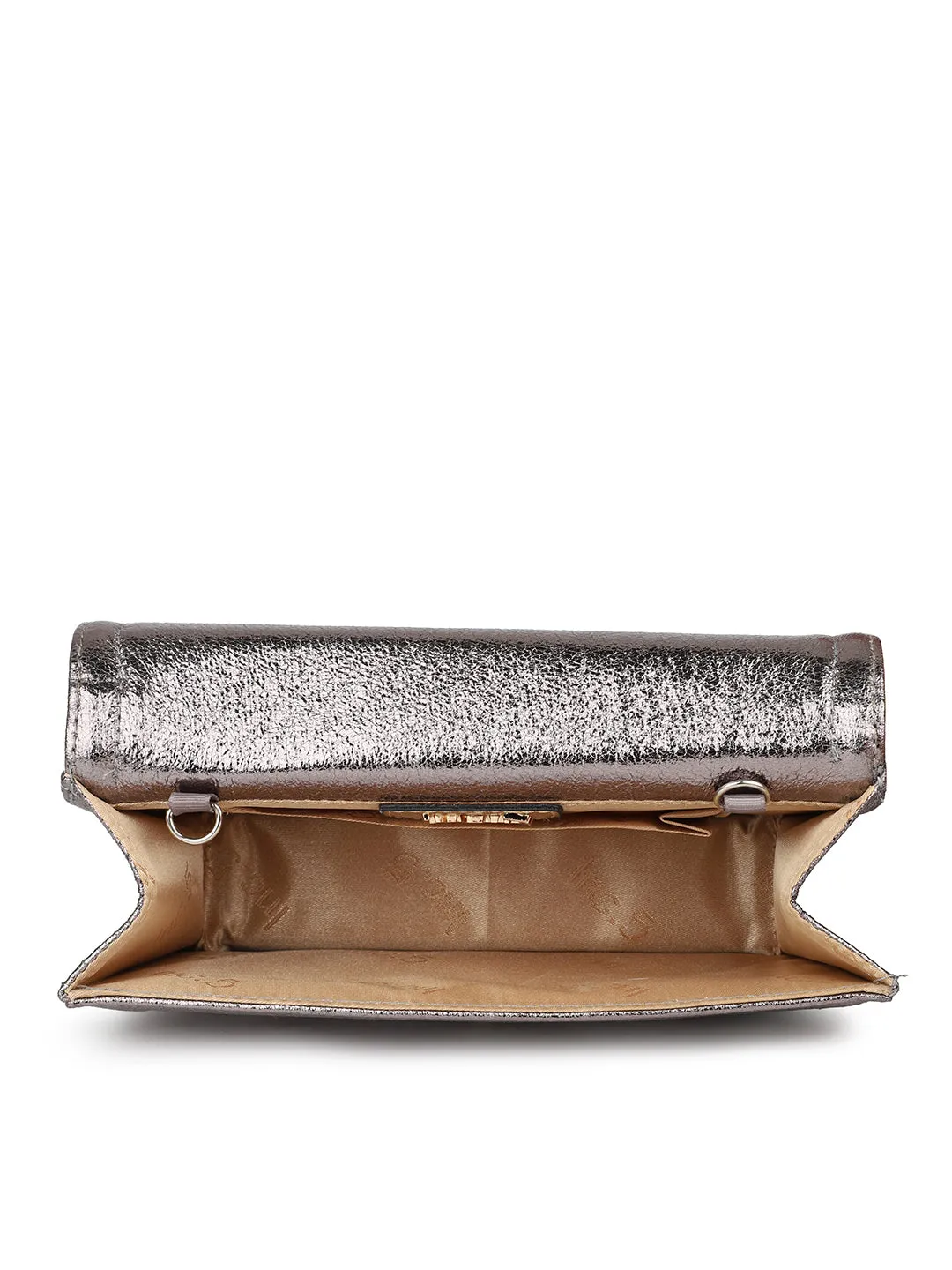 Women Pewter Toned Embellished Envelope Clutch