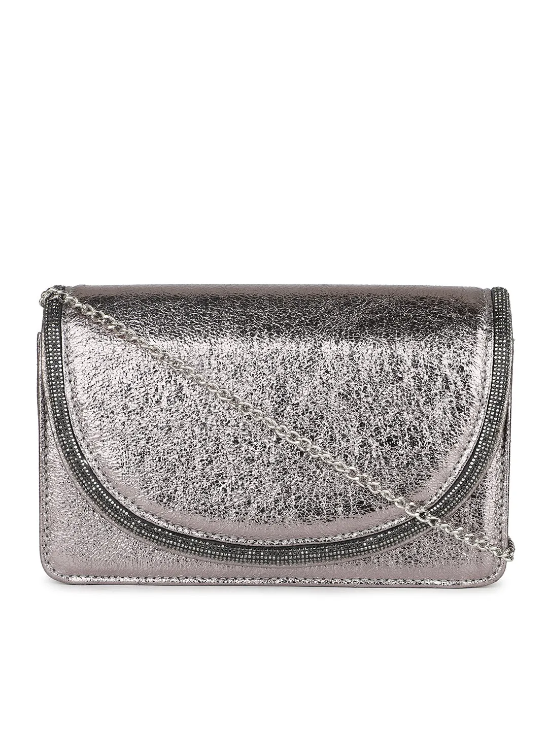 Women Pewter Toned Embellished Envelope Clutch