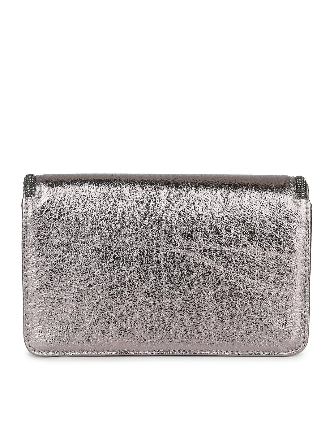 Women Pewter Toned Embellished Envelope Clutch